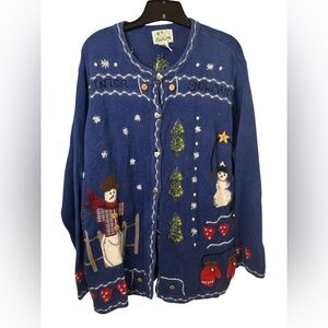 Quacker Factory Blue Knit Holiday Christmas Snowman Cardigan